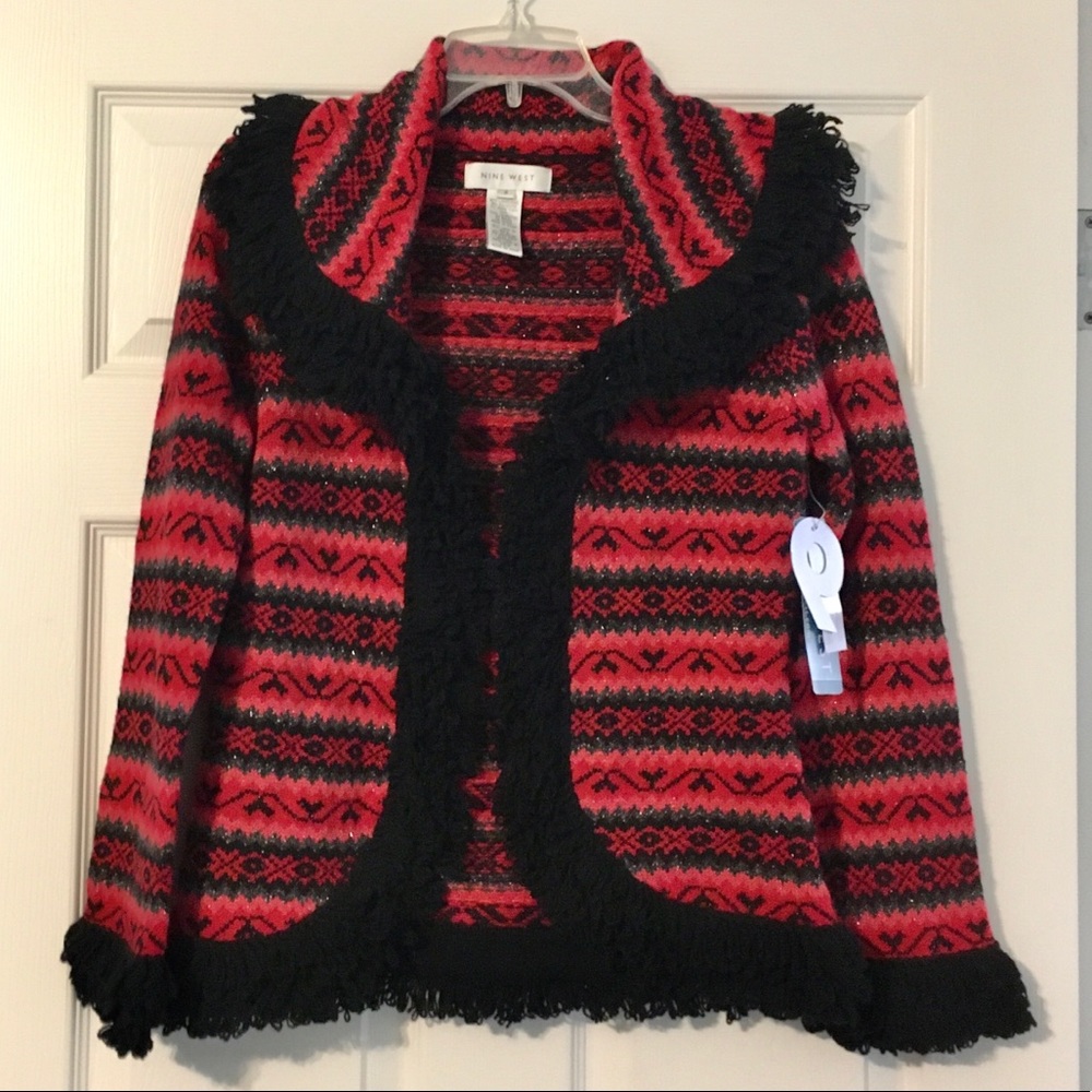 New Nine West Lambswool Fairisle Red Metallic Cardigan Sweater S